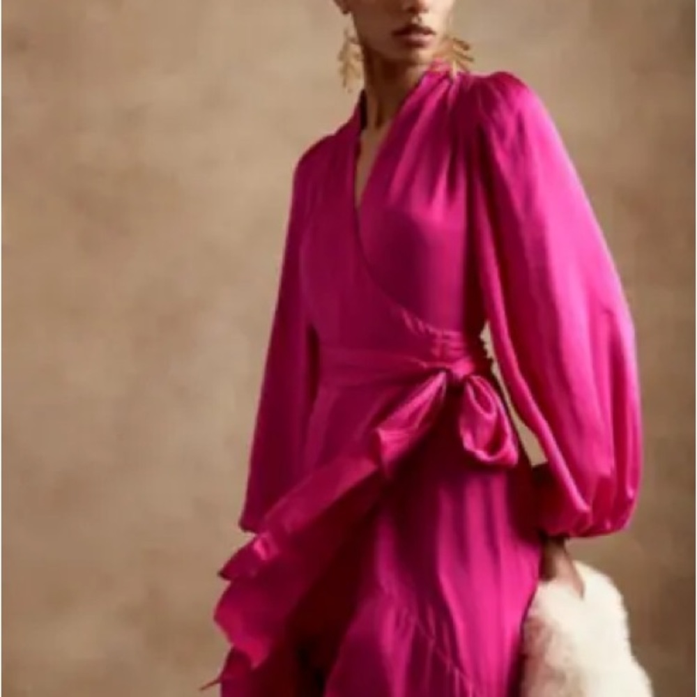 Banana Republic Pink Satin Ruffle Wrap Maxi Dress - Picture 1 of 8